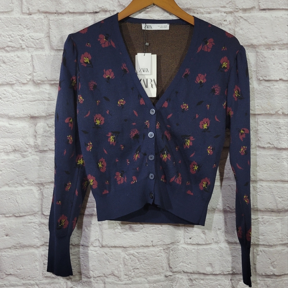 Zara Navy Blue Floral Jacquard Knit Cropped Long Sleeve Cardigan